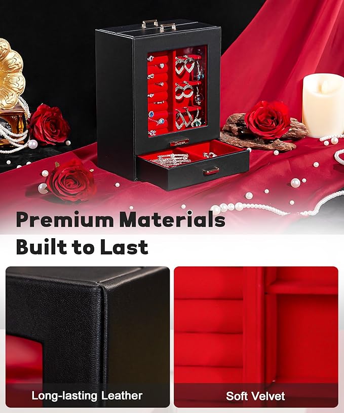 Homde Jewelry Organizer Girls Women Jewelry Box for Necklaces Rings Earrings Gift Bracelets Storage Case (Black + Red + Gold)