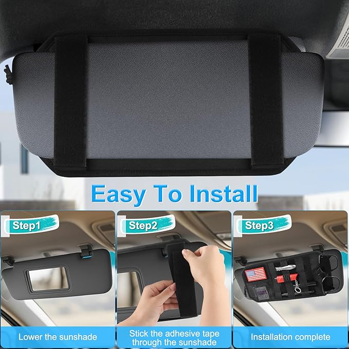 Car Sun Visor Organizer with American Flag, Multi-Pocket Car Visor Storage Pouch with Glasses Clip, Elastic Bands & Zippers, Visor Accessories Fits Most Vehicles, SUVs, Trucks, Red