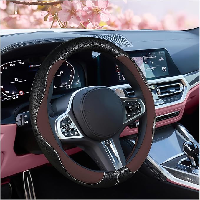 SuperKaKa Brown Car Steering Wheel Cover 2025, Universal Auto PU Cute Breathable Slip-Proof Comfort Imitation Leather Protect