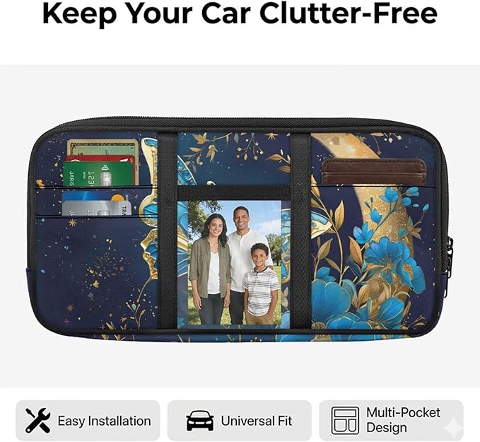 Flora Butterfly Car Sun Visor Organizer Zipper with Adjustable Straps and Multi-Pocket Pouch Storage Box with Picture Frame and Card Holder Easy Installation Universal Fit for Most Cars SUV