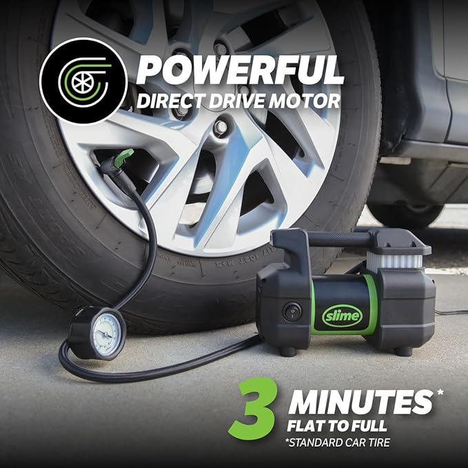 Slime 40031 Tire Inflator, Portable Car, SUV, 4x4 Air Compressor, Pro Power, Heavy Duty, with Analog 150 psi Dial Gauge, Long Hose and LED Light, 12V, 3 min inflation