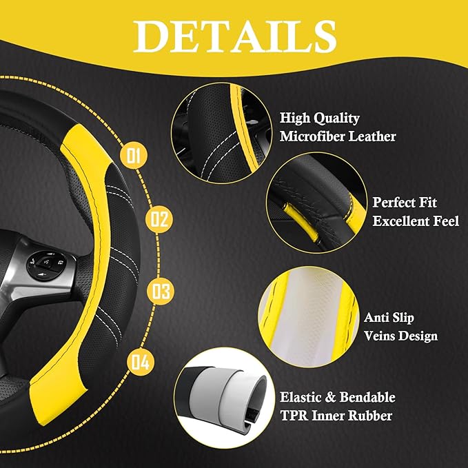 CAR PASS Leather Steering Wheel Cover and Waterproof Car Floor Mats,Microfiber Universal Car Combo Fit for 95% Sedan SUV Van 