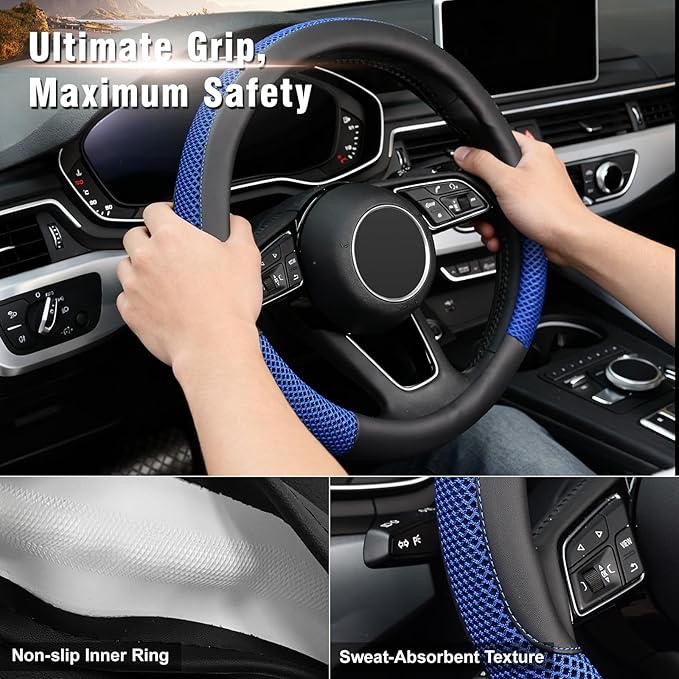 KAFEEK Steering Wheel Cover, Universal 15 inch, Microfiber Leather Viscose, Breathable, Anti-Slip,Warm in Winter and Cool in 