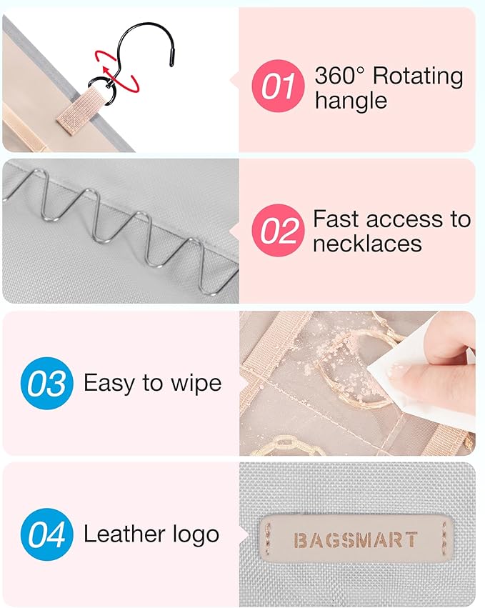 BAGSMART Hanging Jewelry Organizer Storage Roll with Hanger Metal Hooks Double-Sided Jewelry Holder for Earrings, Necklaces, 