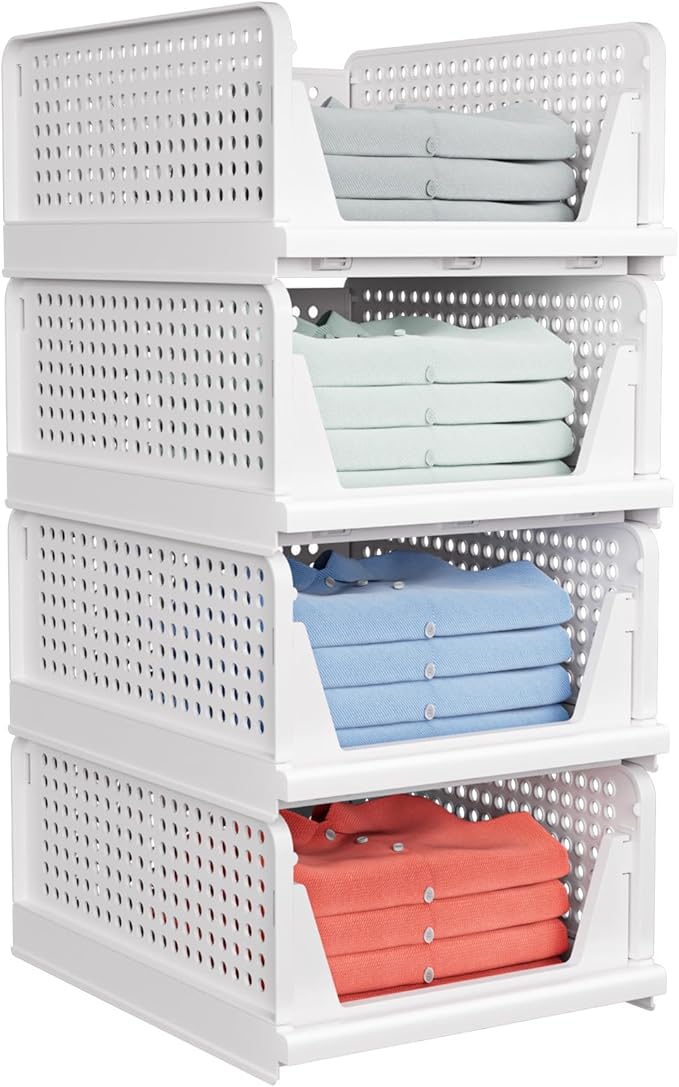 4 Pack Stackable Closet Storage Basket - Stackable Storage Bins, Multifunctional & Foldable Closet Organizer Divided, Wardrob