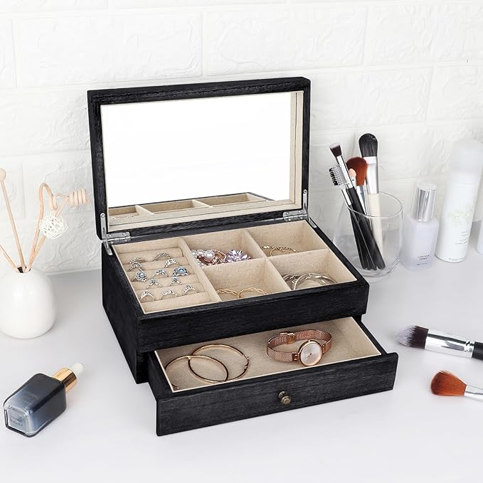Meangood Jewelry Box Organizer for Women, 2 Layer Large Jewelry Storage Case, Rustic Wooden Jewelry Box with Mirror & Ring Tr