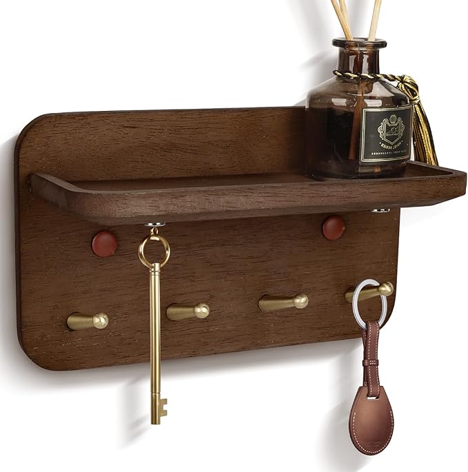 Key Holder Wall Mount, Solid Wood Key Holder for Wall with 4 Brass Hooks & Hidden Magnets, 15° Incline Hooks & Grooved Design