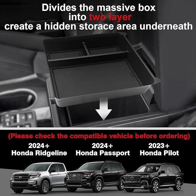 Muslogy 2PCS Center Console Organizer & Hidden Storage Box Compatible with 2023 2024 2025 2026 Honda Pilot Accessories, 2024+ Ridgeline/Passport Armrest Privacy Insert Tray Console Insert Organizer