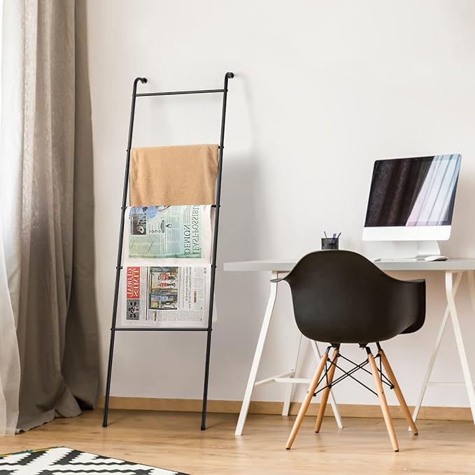 Blanket Ladder Bathroom Towel Holder Decorative Towel Rack 5 Tier Blanket Holder for Living Room Bathroom Laundry Room Black,