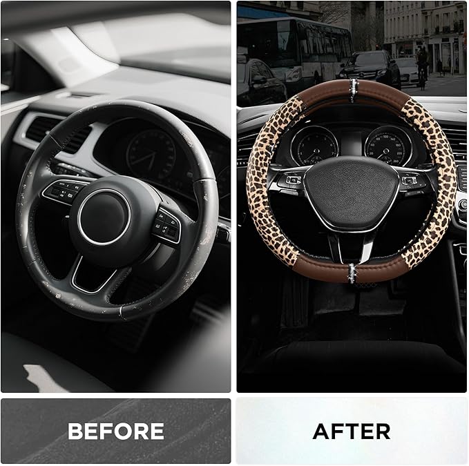 Road Comforts Leopard Steering Wheel Cover for Women, Cute Anti-Slip Microfiber Leather, Fits D Shape Flat Bottom Steering Wh