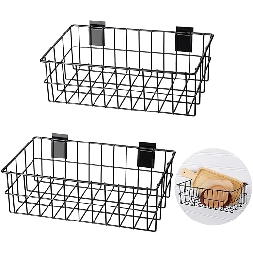 Hicarer 2 Pcs Slatwall Wire Baskets 13.5 x 7.5 x 4.5 Inch Metal Mounted Wall Organizer Basket Ventilated Hanging Slatwall Acc