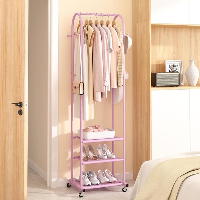 Kaitiemoo Heavy Duty Clothing Rack with Wheels,Modern Garment Rack with 3 Metal Shelves, 71.8Inches Display Rack for Hanging 