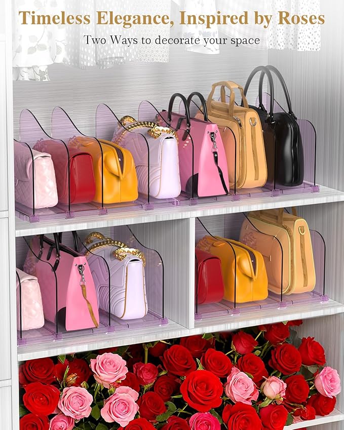 SURETIVIAN Rose Purse Dividers for Closet, 2 Pack Clear Clutch Purse Closet Organizers, Adjustable Handbag Storage Organizers