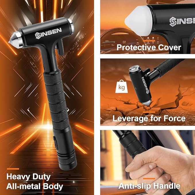 SINSEN Automotive Escape Tool, Window Breaker Seatbelt Cutter, Car Flashlight Safety Hammer, Emergency Kit Self Defense Acces