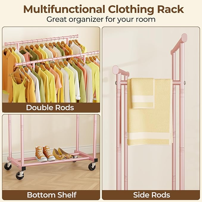 HYSEYY Double Rods Clothes Rack, Sturdy Rolling Clothing Rack, Portable Clothing Racks for Hanging Clothes - Metal Garment Ra