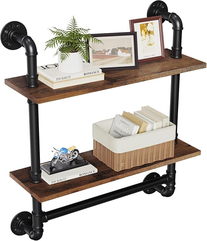 Merapi 24" Industrial Floating Shelves with Tower Bar, Pipe Shelves for Wall, 2 Tier Rustic Wood Wall Shelves for Home Décor,