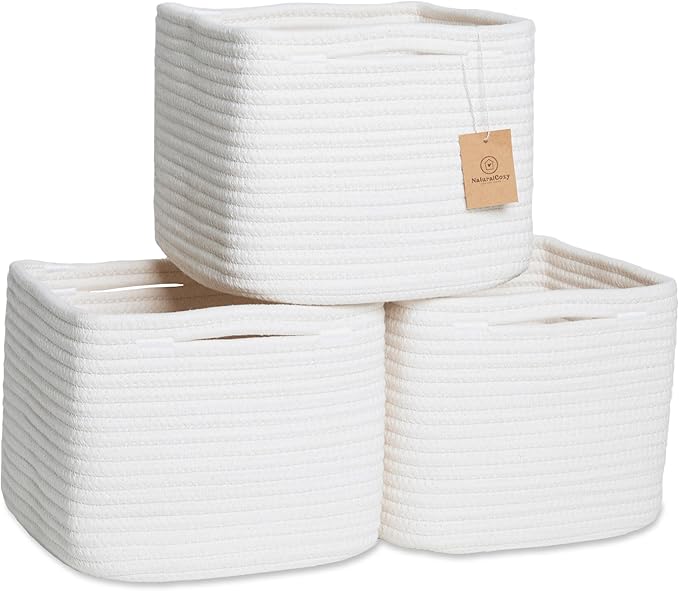 NaturalCozy Storage Cubes 9”x9”x7”Cotton Rope Woven Baskets for Organizing 3-Pack | 9 Inch Cube Storage Bin | Small Basket fo