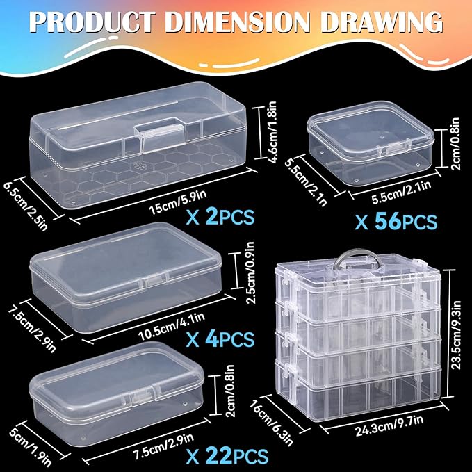 VTG Bead Organizer Box, 84 Pcs Small Plastic Containers with Lids, 4-Tier Stackable Storage Box, Clear Organizers for Jewelry