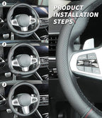 Custom-Fit Ford Steering Wheel Cover, Genuine Leather, Non-Slip, Breathable, Black (Red Blue Line), FFXPT369