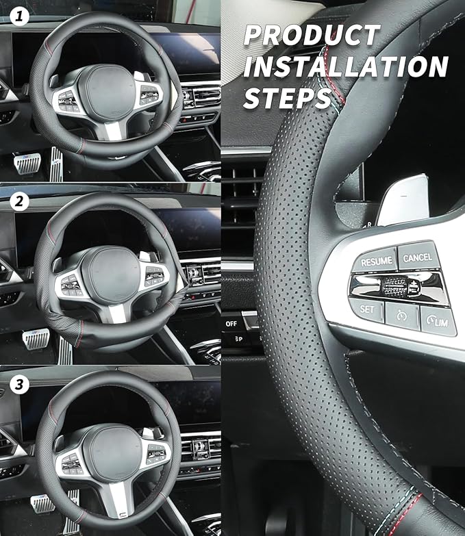 Custom-Fit Ford Steering Wheel Cover, Genuine Leather, Non-Slip, Breathable, Black (Red Blue Line), FFXPT369