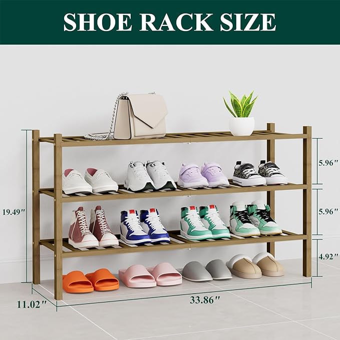 Smiry Shoe Rack, 3 Tier Thick Long Bamboo Shoe Organizer, Stackable Free Standing Wooden Shoe Storage Shelf for Closet, Entry