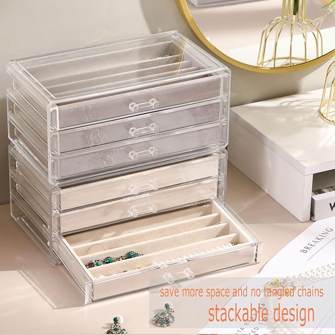 CLUQMEIK Necklace Organizer Box with Clear Lid, Dustproof Velvet Jewelry Holder Storage Display Case, Stackable Acrylic Neckl