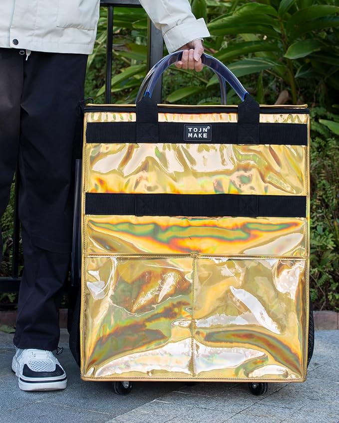 Reusable Grocery Bag with Wheels (Large, Glitter Gold), Rolling Shopping Bag with 8 Pockets and Zipper Cover Foldable Rolling Tote for Women, Travel, Garden, Carries Up to 76LBS