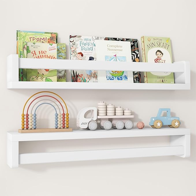 Fun Memories Nursery Book Shelves Set of 2, 24 Inch Solid Wood Wall Book Shelves, Kids Room Floating Shelves Organizer & Toy 
