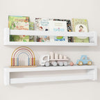 Fun Memories Nursery Book Shelves Set of 2, 24 Inch Solid Wood Wall Book Shelves, Kids Room Floating Shelves Organizer & Toy 