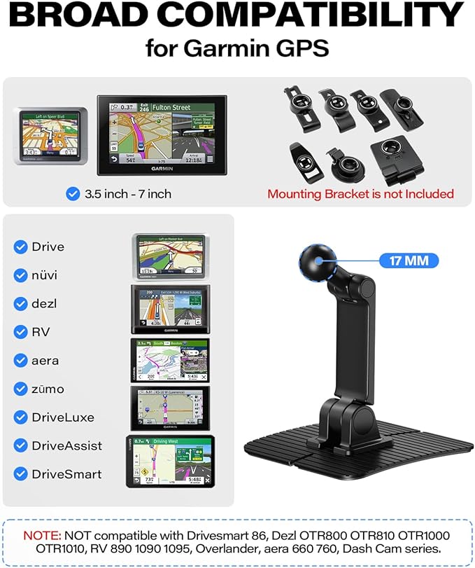 1Zero Adhesive GPS Mount Holder for Garmin, Dual-Axis Adjustable GPS Holder with 360° Rotating Ball Joint, Dashboard GPS Mount for Garmin Nuvi Dezl Drive Drivesmart Zumo Driveassist DriveLuxe RV