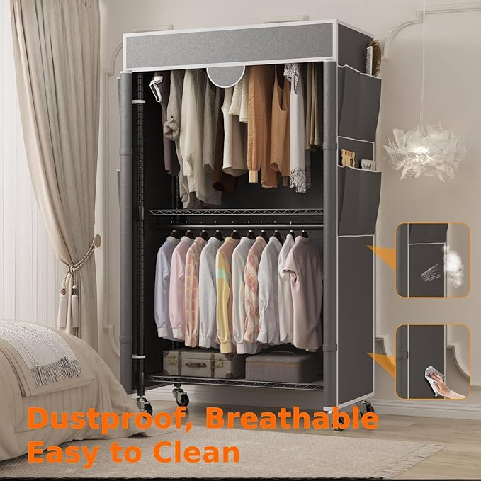 Homdox Garment Rack with Cover, Heavy Duty Clothing Rack for Hanging Clothes, Portable Closet Wardrobe, Double Rods Garment R