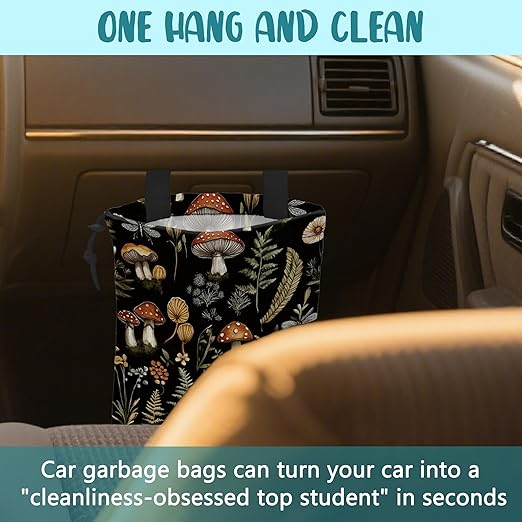 Mushroom Fern Leaves Car Garbage Bag Botanical Drawstring Car Trash Bag Hanging for Back Seat with Adjustable Buckle Canvas Vehicle Trash Can Easy-to-Install