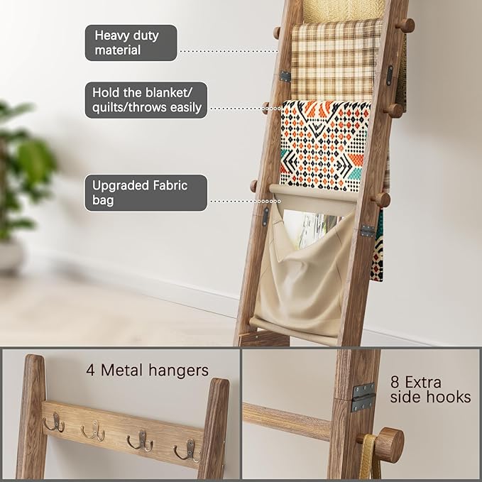 REFGY 5-Tier Blanket Ladder Shelf, 5.3FT (63'') Wall Leaning Blanket Ladders for Living Room Bedroom, Decorative Quilt Rack w