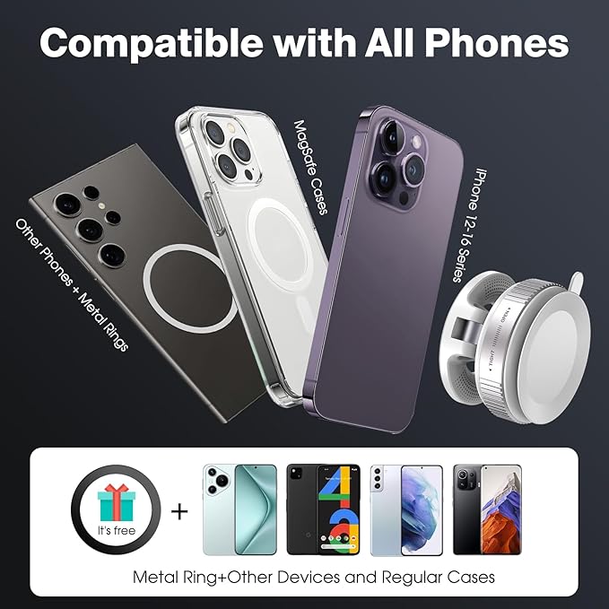 Vacuum Magnetic Car Phone Holder for Magsafe, Hands-Free 360° Adjustable Suction Cup Phone Mount for Car/Gym/Mirror/Smooth Surface, Compatible with iPhone & Android (White)