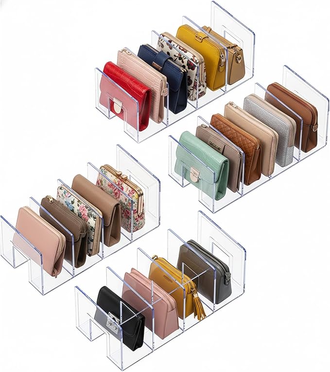 YAGELI Clear Acrylic Purse Organizer for Closet, 3-4 Section Desk File Sorter, 2.95" Wide Slots for Clutches, Handbags, Binde