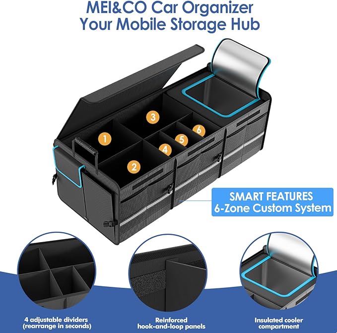 MEI&CO Car Trunk Organizer - 2.5mm PP Board Built, 35L Leakproof Cooler, 105L Capacity, 2 Tie-Down Straps, 4 Adjustable Divide