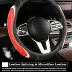 Leather Splicing Black Red White Car Steering Wheel Cover,14.5-15 Inch Universal Microfiber Leather Covers Breathable Anti-Sl