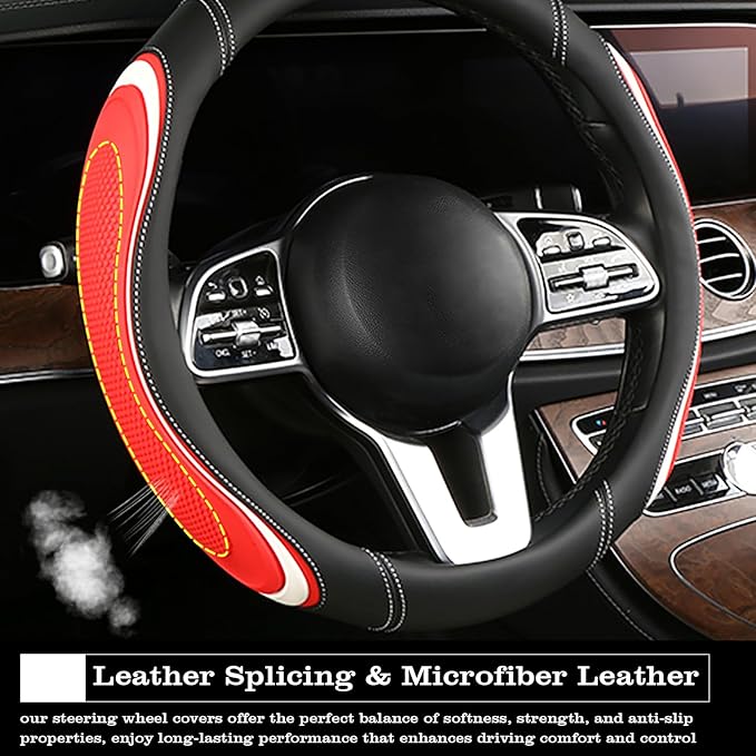 Leather Splicing Black Red White Car Steering Wheel Cover,14.5-15 Inch Universal Microfiber Leather Covers Breathable Anti-Sl