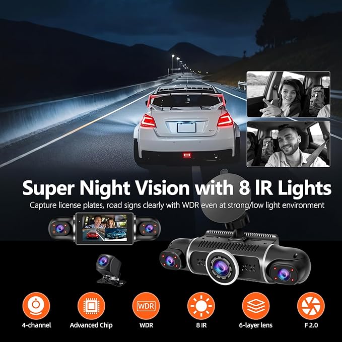360° Dash Cam Front and Rear View 4 Channel Dash Camera FHD 2K+1080Px3 for Car, Inside/Back 170°+2x150°+170° Wide Angle, 8 IR