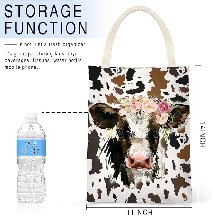 IRADA Car Trash Bag Hanging No Snap Small Garbage Bag for Car Back Seat Cute Printed One-Handed Strap Trash Bags Car Accessories-Cow Car Trash Bags