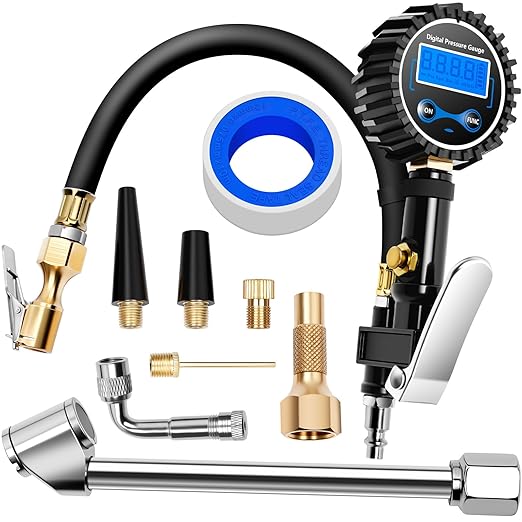 Digital Tire Gauge with Inflator & Deflator - LED Display & 0.1 PSI Resolution - Quick Release Valve & Heavy Duty Chuck - w/Adapter for Car, Truck, SUV, Motorcycle, RV, Balls