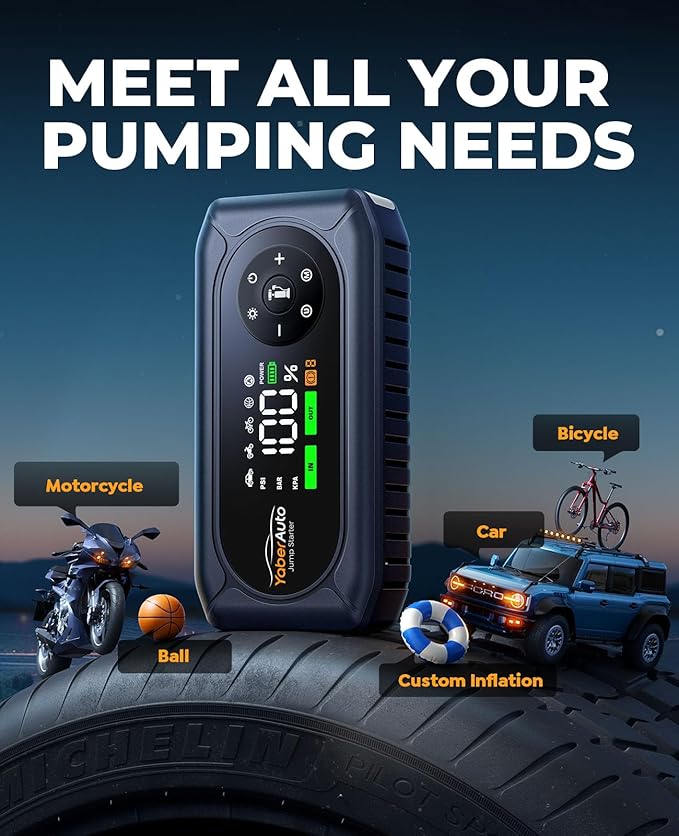 YaberAuto Jump Starter with Air Compressor 4500A 150PSI Portable Car Battery Jump Starter (9L Gas/8L Diesel), 12V Jump Box for Battery Car Jumper Starter with Jumper Cables, Insulated Gloves, Lights