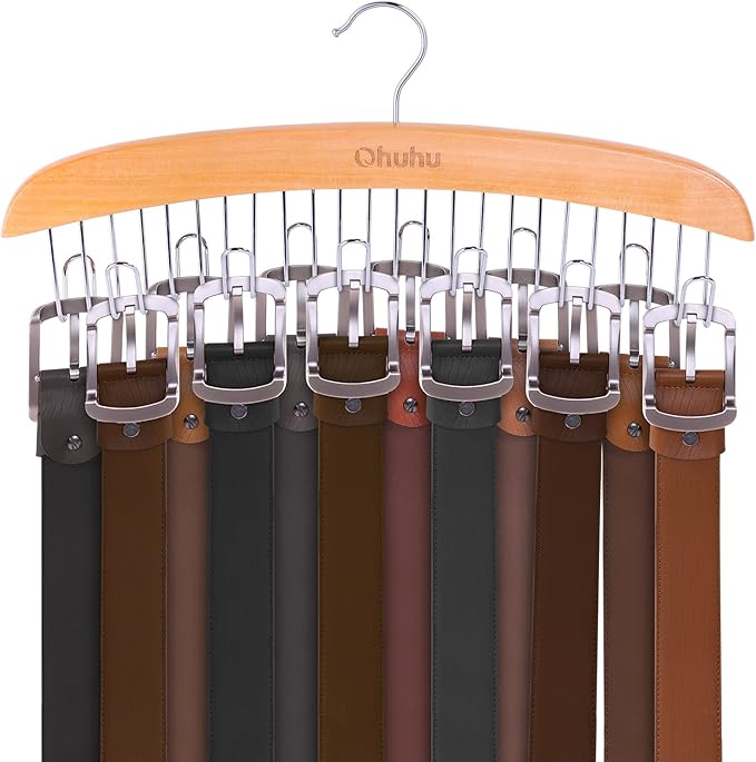 Belt Hanger Organizer for Closet: Ohuhu 12 Hooks Max 36 Belts Tie Rack Wooden Belt Holder for Storage 360 Degree Rotating Spa