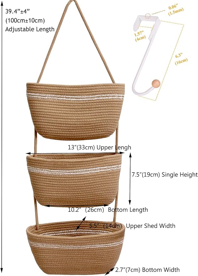 Over the Door Hanging Basket for Organizing 3 Tiers Woven Cotton Rope Wall Mount Storage basket Decorative Kitchen Hanging Or
