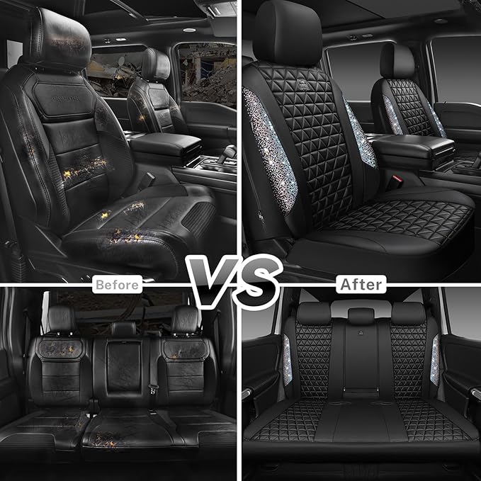 CAR PASS Bling Diamond Leather Car Seat Covers Full Seats Interior Sets, Waterproof Shining Glitter Sparkly Crystal Universal