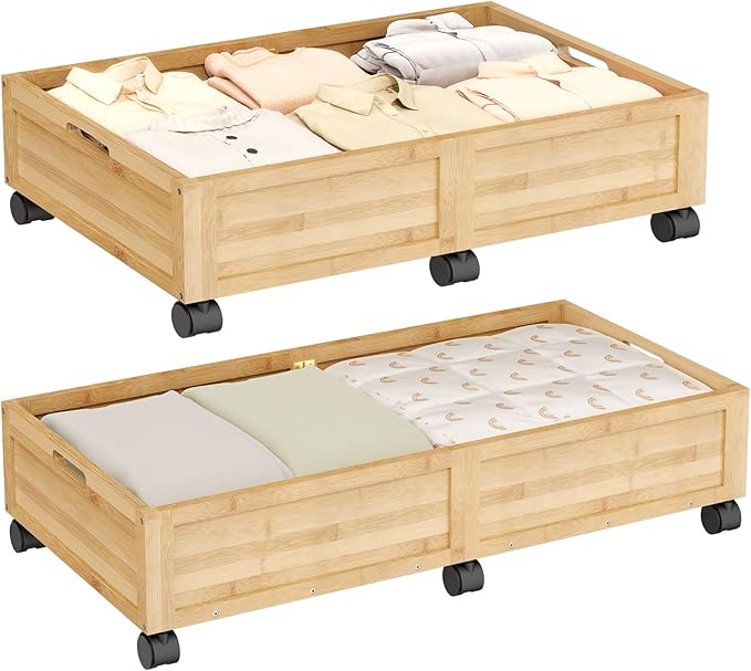 Wood Under Bed Storage Containers Underbed Organizer with Wheels Sturdy Wood Rolling Under Bed Shoe Storage Organizer 2 Packs