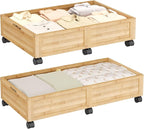 Wood Under Bed Storage Containers Underbed Organizer with Wheels Sturdy Wood Rolling Under Bed Shoe Storage Organizer 2 Packs