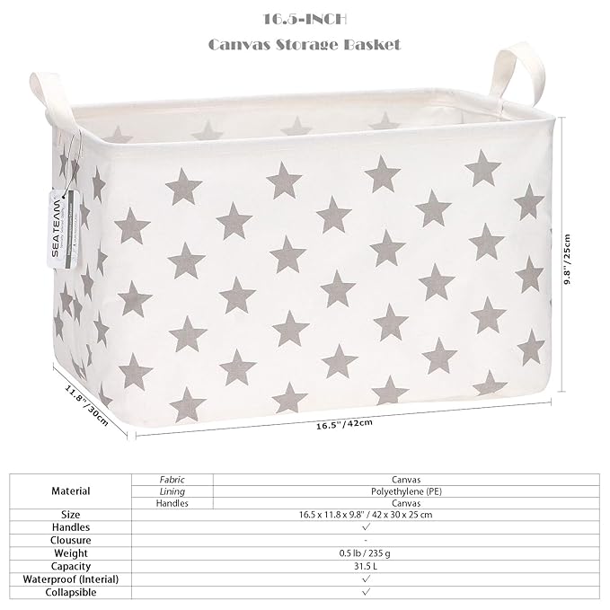 Sea Team Collapsible Canvas Fabric Storage Basket with Handles, Rectangle Waterproof Storage Bin, Box, Cube, Foldable Shelf B