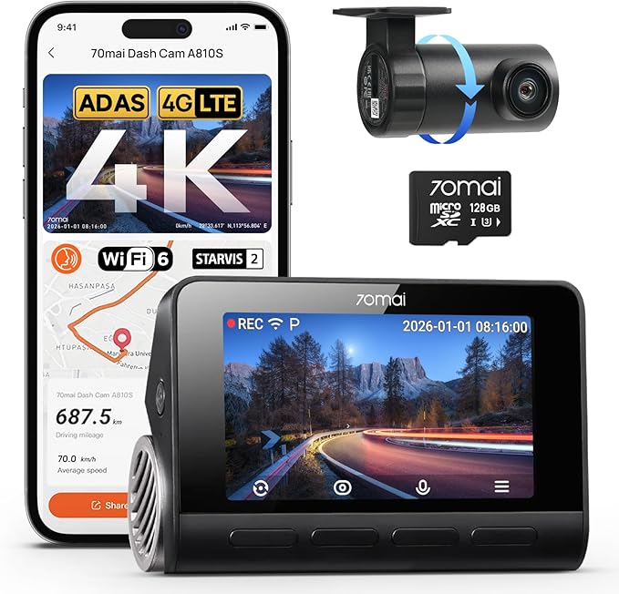 70mai A810S 4K Dual Dash Cam Front & Rear, STARVIS 2 HDR Super Night Vision, AI Motion Detection & 24/7 Parking, Built-in GPS