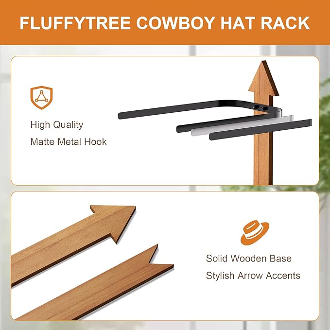 Cowboy Hat Rack, 4 Pieces Wooden Western Rustic Metal Cowboy Hat Hanger with Arrow Sign Board, Gift Cowboy Hat Holder for Wal